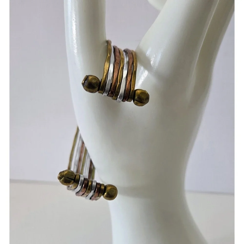 Tri Color 7 Band‎ Hammered Metal Cuff Bracelet Brass Silver Copper Tones Unisex